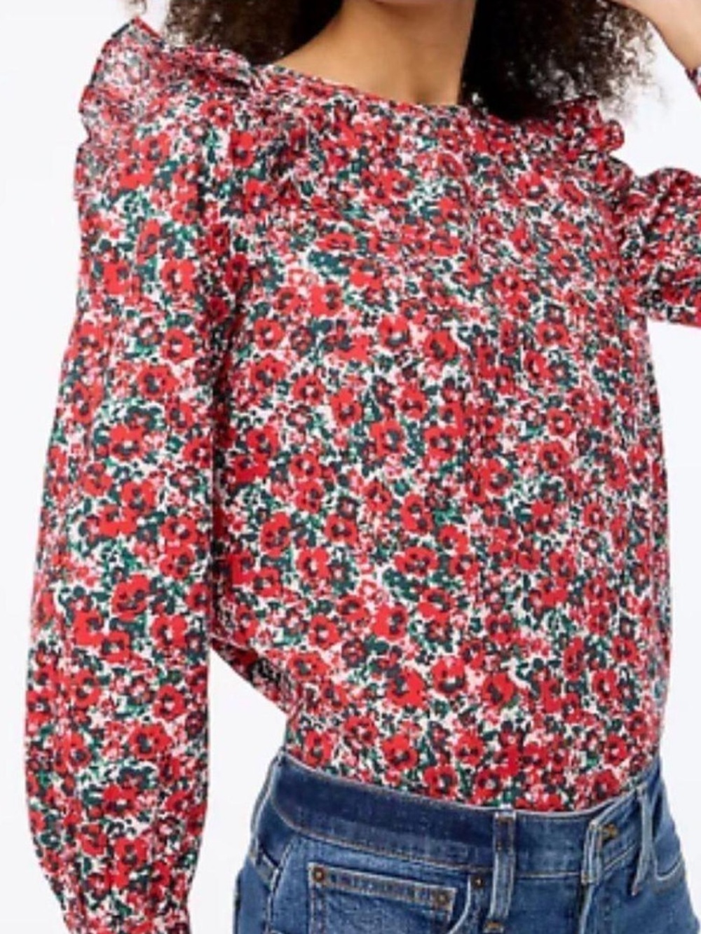JCrew Cotton-Blend Poplin Red Ruffle Floral Longsleeve Blouse | Medium